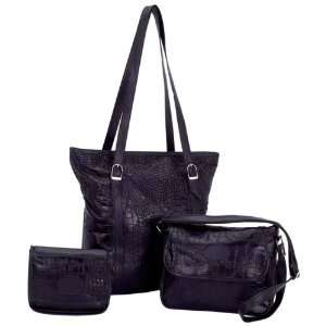   Black Solid Genuine Leather 3pc Purse Set with Crocodile Embossing