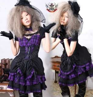   Lolita BJD Corset Cinch Lace Yolk Purple Check Bodice Dress  