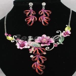 New Swarovski Crystals Red Peacock Necklace Earring Set  