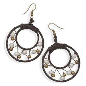  Brown Dreamcatcher Style Round Crochet Earrings with White 
