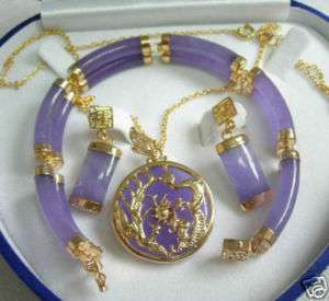 Lucky Purple Jade Pendant Bracelet and Earring Set  
