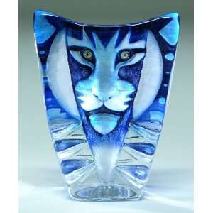  Large Tiger Blue Etched Crystal Sculpture by Mats Jonasson 