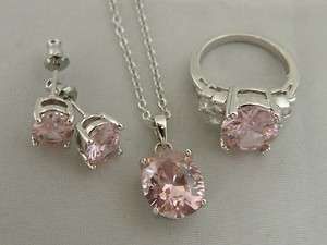 Silver Plated Pink & Clear Swarovski Crystal Ring Earring & Pendant 