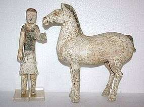 chinese Han Dynasty Tomb Painted Pottery Horse & Groom  