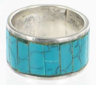 VINTAGE JAC STERLING TAXCO TURQUOISE MOSAIC BAND RING 8.5  