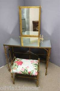   Tole Hollywood Regency gold elegant vanity bench mirror table  