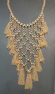 Designer Inspired Chunky Long Fringe Bib Necklace Vintage Gold GP NEW 