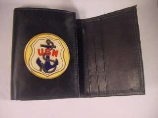 USN UNITED STATES NAVY LOGO BLACK LEATHER TRIFOLD WALLET NEW  