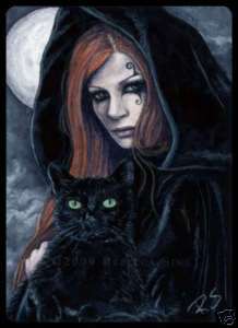 ACEO LE PRINTS Fantasy Art Halloween Witch black Cat wc  