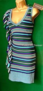New KAREN MILLEN Blue Green Stripe Stretch KNIT Dress  