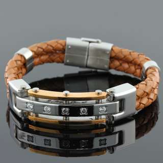 Stainless Steel and Light Brown Leather Two Tone Crystals Unisex 