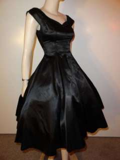 Vintage Black Satin 50s Full Circle Bombshell Party Dress Pin Up 