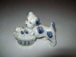 Vintage Ceramic Dog with Puppies In Basket Blue & White Figurine Made 