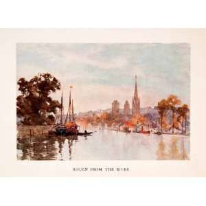   Rouen Seine Cathedral Boat Skyline France Art   Original Color Print
