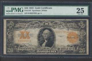 US CURRENCY 1922 $20 LARGE GOLD CERTIFICATE in PMG Very Fine 25, OLD 