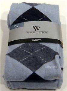 NWT~Worthington Womens Warm Winter SWEATER TIGHTS Blue Argyle Sz.1 
