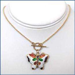 14K Gold GF Cloisonne Butterfly Toggle Necklace  