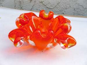 Brght Orange Chalet Art Glass Uranium Ashtray Bowl Mid Century Modern 