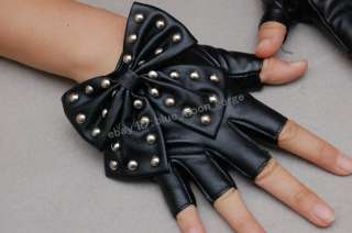 Lady Gaga Rivets Big Bow knot Motorcycle Punk Fingerless Gloves Womens 