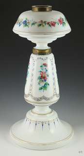 LARGE FRENCH HAND PAINTED FLORAL GLASS OIL LAMP c1850s  