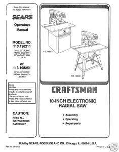  Craftsman Table Saw Manual Model # 113.198251  
