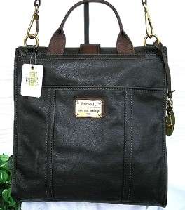NWT FOSSIL EMORY Black Leather NORTH SOUTH FLAP CROSSBODY Messenger 