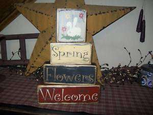 PRIMITIVE BLOCK SIGN~~SPRING~FLOWERS~WELCOME~BUNNY~~  