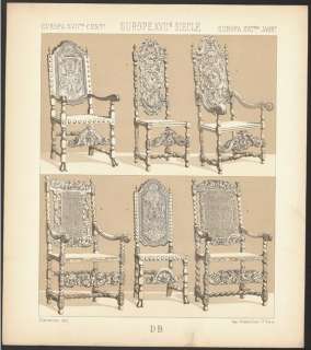 Furniture 17th C High back Chairs   Antique Racinet Print 1888  
