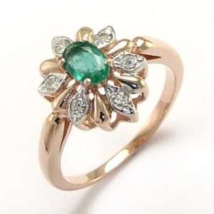 RUSSIAN JEWELRY Diamond & Emerald Ring 14k Rose Gold  
