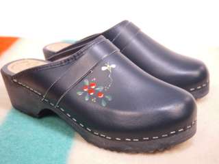 Vintage SKANE TOFFELN Hand painted Swedish Leather Wooden Clogs 37 US 