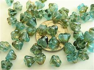 50 Aquamarine Celsian Bell Flower Czech Glass Beads 6mm  