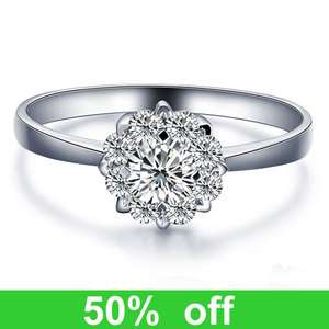    Diamond Solitaire Solid 14K White Gold Halo Engagement Wedding Ring