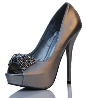 Pewter Faux Leather peep toe platform heels Giving  