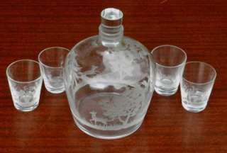LOBMEYR ENGRAVED DECANTER & 4 CORDIAL GLASSES  