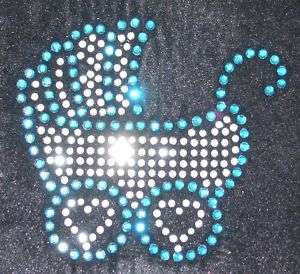 BABY PRAM BLUE CL iron on CRYSTAL diamante GEM TRANSFER  