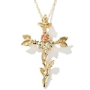 Black Hills Gold Rose Thorns Tricolor Cross Pendant with 18 Rope 