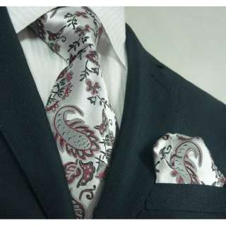 Landisun 74K Silver Red Black Floral Mens Silk Tie Set Tie+Hanky 