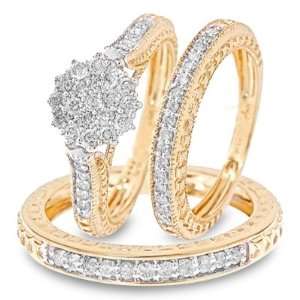 Cut Diamond Three Ring Matching Wedding Ring Set 14K Yellow Gold Three 