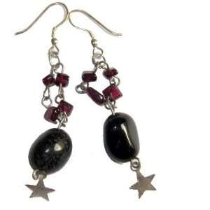 Agate Earrings 02 Garnet Red Black Star Dangle Silver Stone Gem 2.5