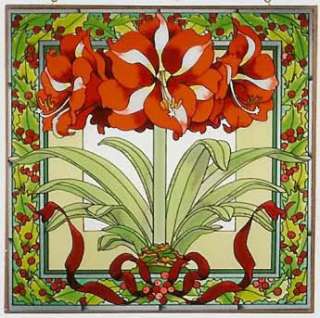 AMARYLLIS HOLLY FLORAL * 19.5 STAINED GLASS ART PANEL  