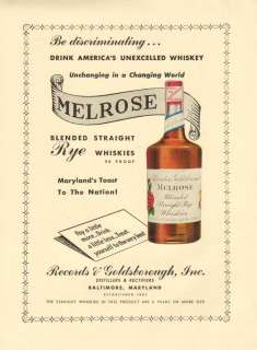 1947 vintage ad, Melrose Rye Whiskies Be discriminating liquor 