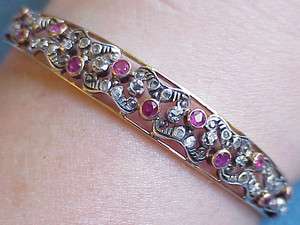   Vintage Rose Mine Cut Diamond & Ruby 14Kt Gold Bangle Bracelet  