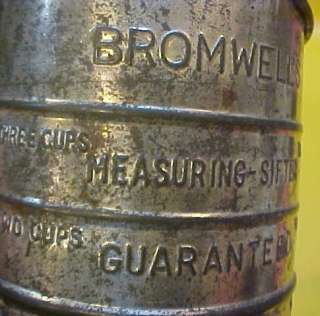 Bromwells Measuring old tin crank style 3 cup flour Sifter w green 
