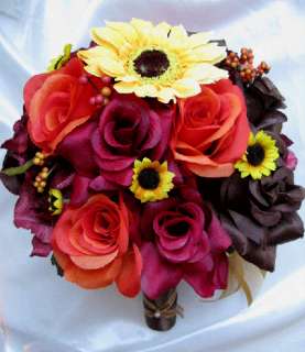 Wedding Bouquet Bridal Silk flowers FALL BROWN ORANGE YELLOW 