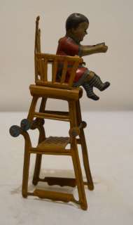 Antq. Tin Penny Toy Baby In High Chair / Carriage  