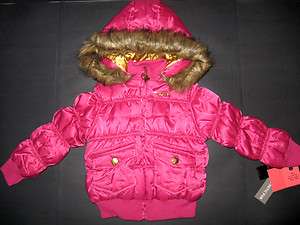 BABY PHAT coat hoodie jacket pink faux fur 4,5/6 gold cat logo winter 