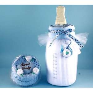  Blue Baby Towel Cake & Bottle of Milk Unique Gift Set for 