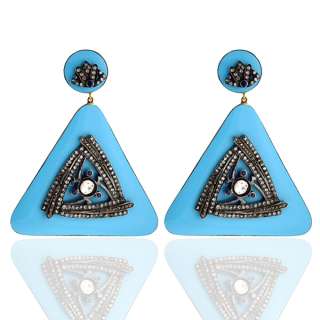 Blue Sapphire Diamond Enamel Earrings Dangle 18k Gold Silver Fashion 