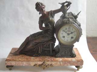 Red Marble Lady Spelter Clock  Orig. Pendulum C. 1800s  