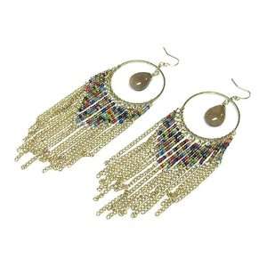 Goldtone Multi Color Seed Bead Tassel Dangle Earrings Fashion Jewelry